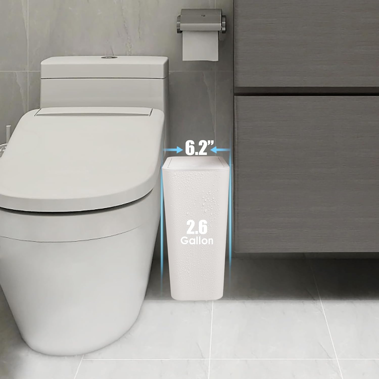 Basurero de baño con tapa, cubo de basura delgado de 10 litros2.6 galones, cesta de basura pequeña con tapa desplegable para cocina, dormitorio,