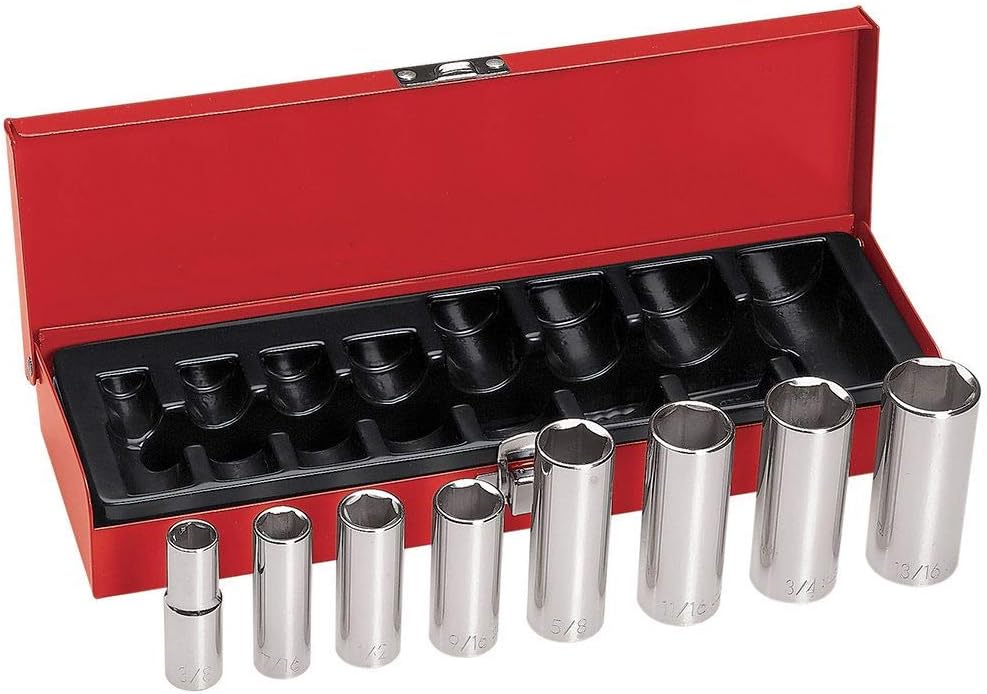 Klein Tools 65502 Juego de llaves de vaso de 38 pulgadas, caja de almacenamiento de metal con bisagras incluida, 8 piezas