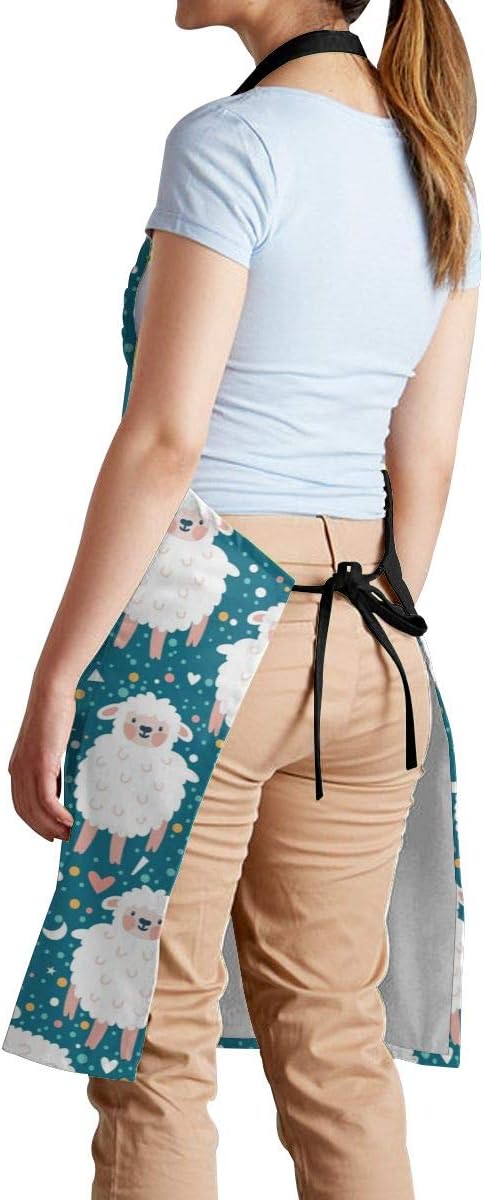 Duduho Delantal con 2 bolsillos, diseño de oveja, corazón y estrellas, delantal para cocinar, babero, para mujeres, hombres, unisex, ajustable,