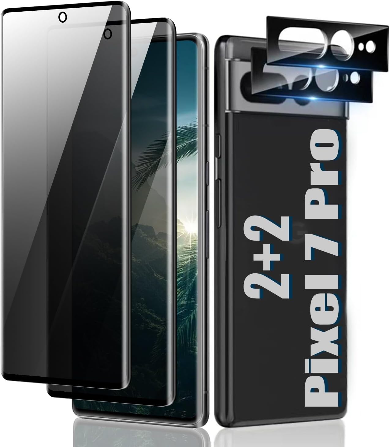 Paquete de 2 + 2 protectores de pantalla para Google Pixel 7 Pro y película de lente de cámara protector de vidrio templado de privacidad dureza 9H