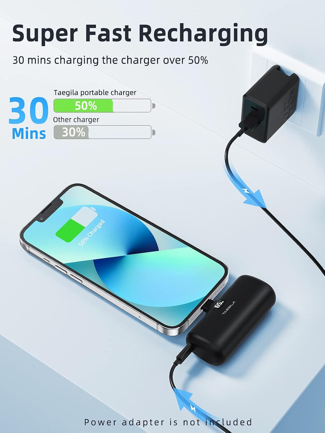 Taegila Cargador portátil pequeño para iPhone de 5000 mAh con cable integrado, banco de energía compacto certificado MFi con pantalla LCD y luz LED