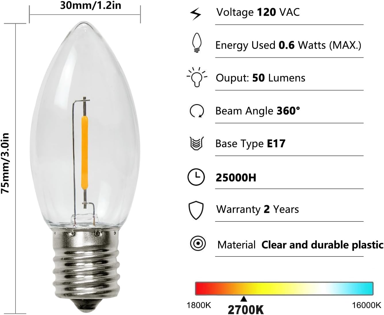 RuiAoTD Paquete de 25 bombillas LED C9 de repuesto para Navidad, bombillas LED C9 inastillables de 0.6 W para tira de luces de Navidad, base