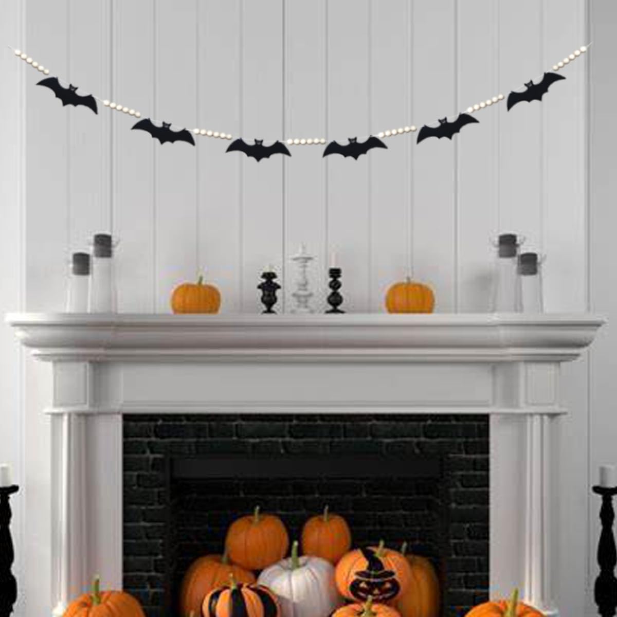 Guirnalda de murciélagos para decoración de Halloween para interiores y exteriores, cuentas de fieltro, murciélagos de madera, guirnalda de cuentas