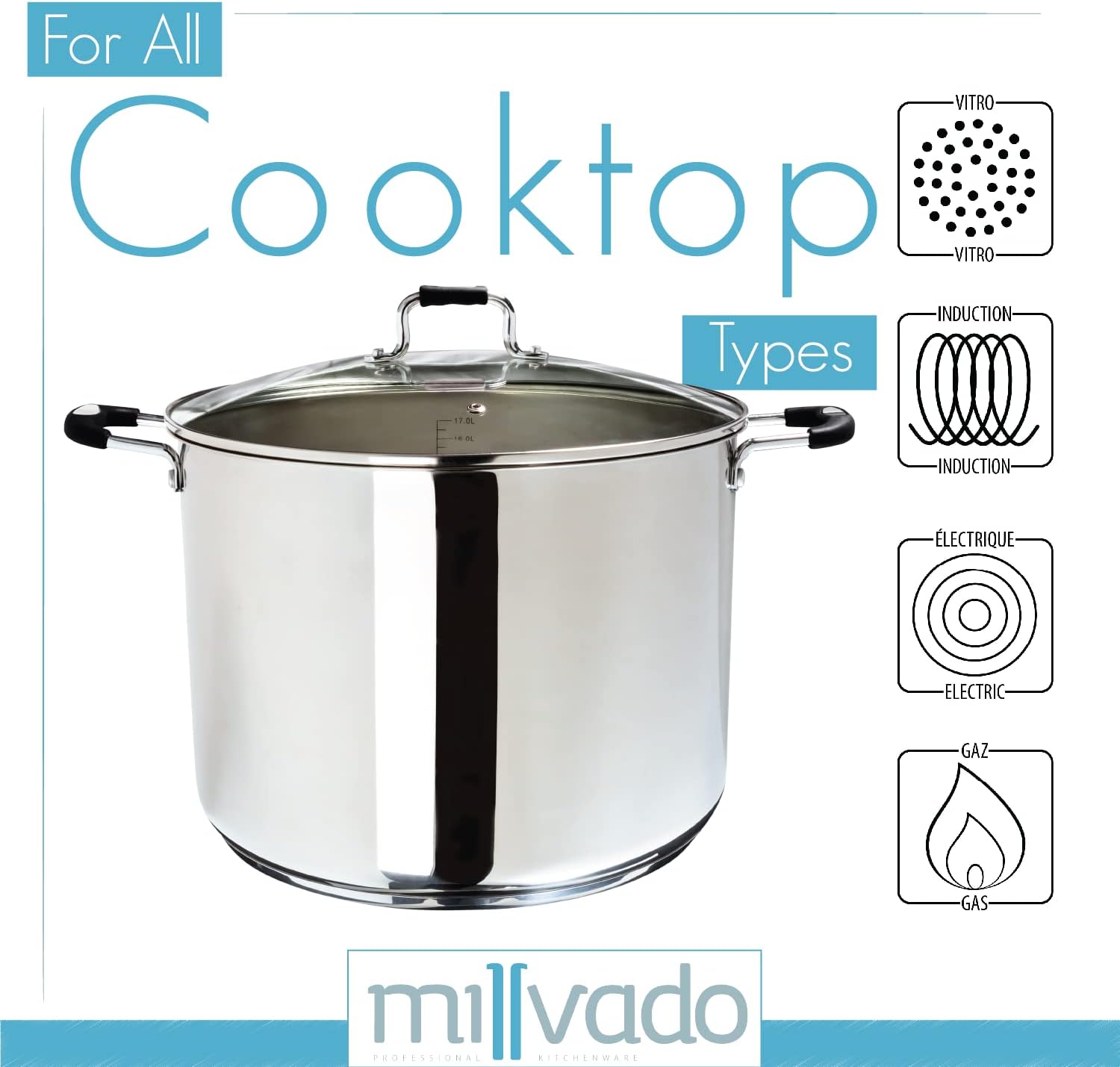 Olla grande de acero inoxidable de 20 cuartos de galón, olla de cocción grande, tapa de vidrio transparente y marcas de medición, orificio de vapor,