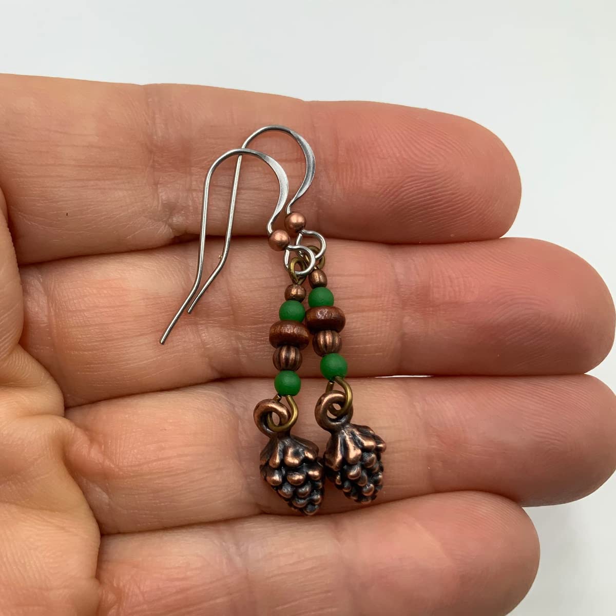 Adorable Little Copper Pinecone Earrings in Earthy Forest Colors Green and Wood Beads Winter Nature Jewelry Fall Autumn Holidays Christmas Mountains