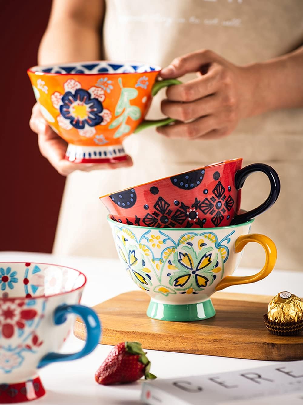 Bicuzat Taza de café de cerámica de gran capacidad con patrón floral pintado a mano, taza de té y leche, taza de desayuno para el hogar, cocina, 14