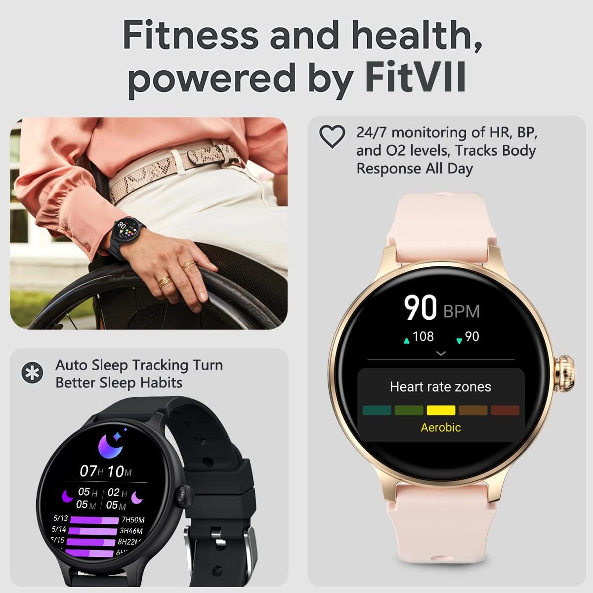 FITVII Reloj inteligente para mujer, contador de pasos, monitor de actividad física con presión arterial 247 y monitor de oxígeno en sangre, monitor