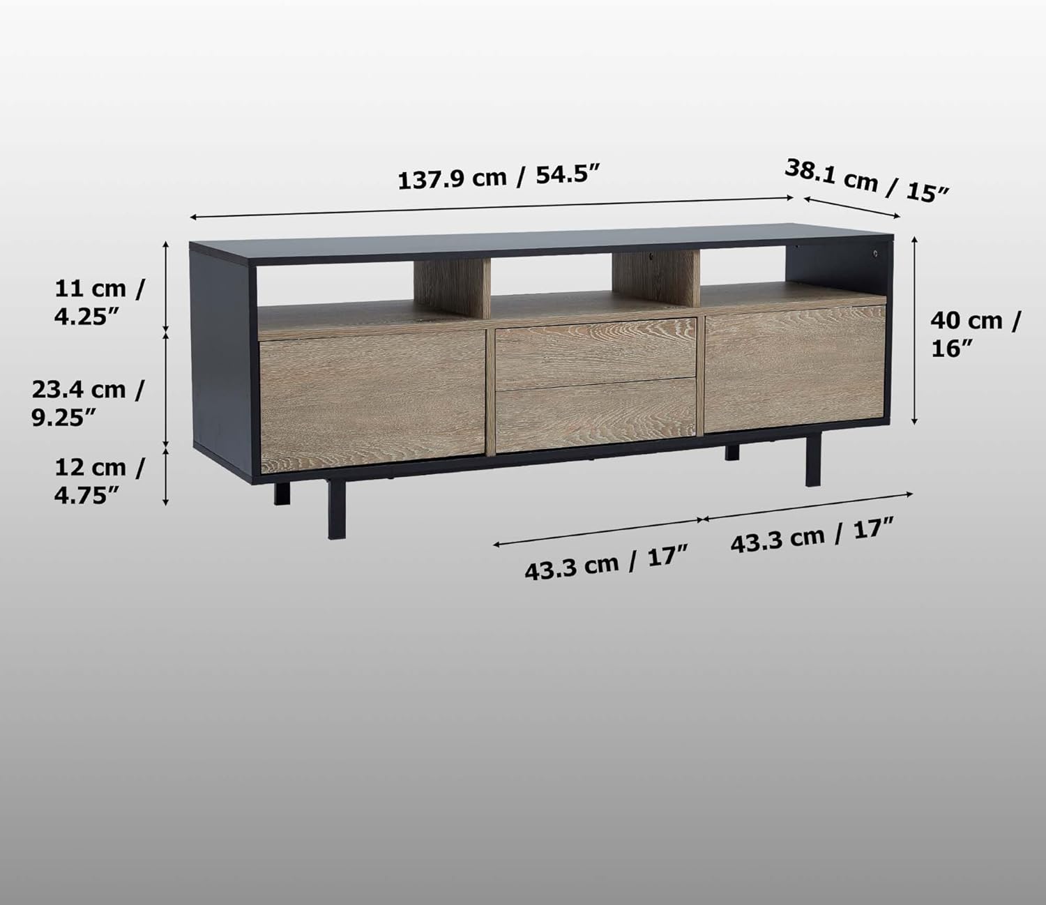 Teamson Home Bryson – Centro de entretenimiento de madera moderno de mediados de siglo con patas de metal, color negro y roble
