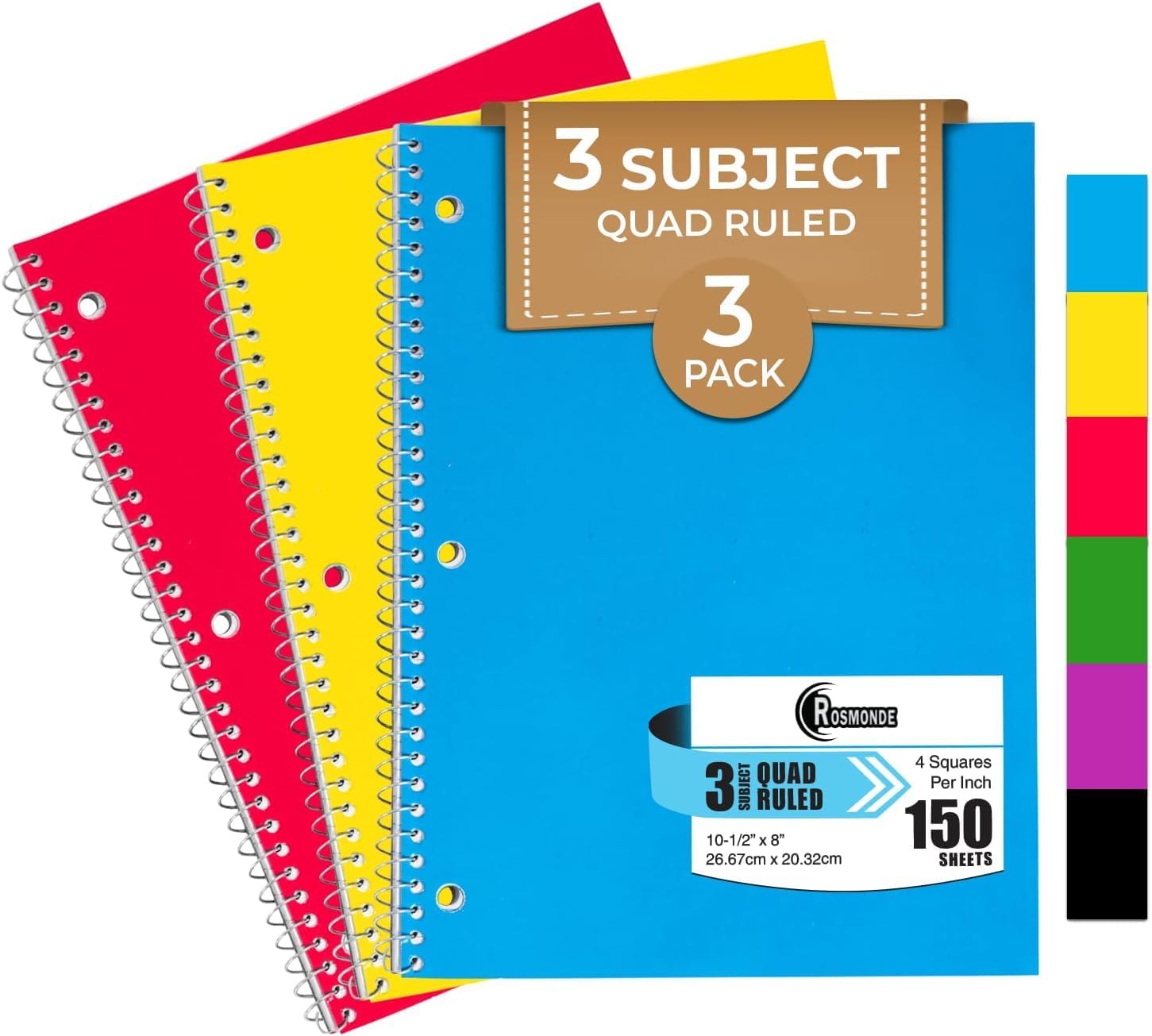 Cuadernos de espiral de 3 materias a rayas, paquete de 3, 300 páginas (150 hojas), 8 x 10-12 pulgadas, cuadrícula en espiral para la escuela y la