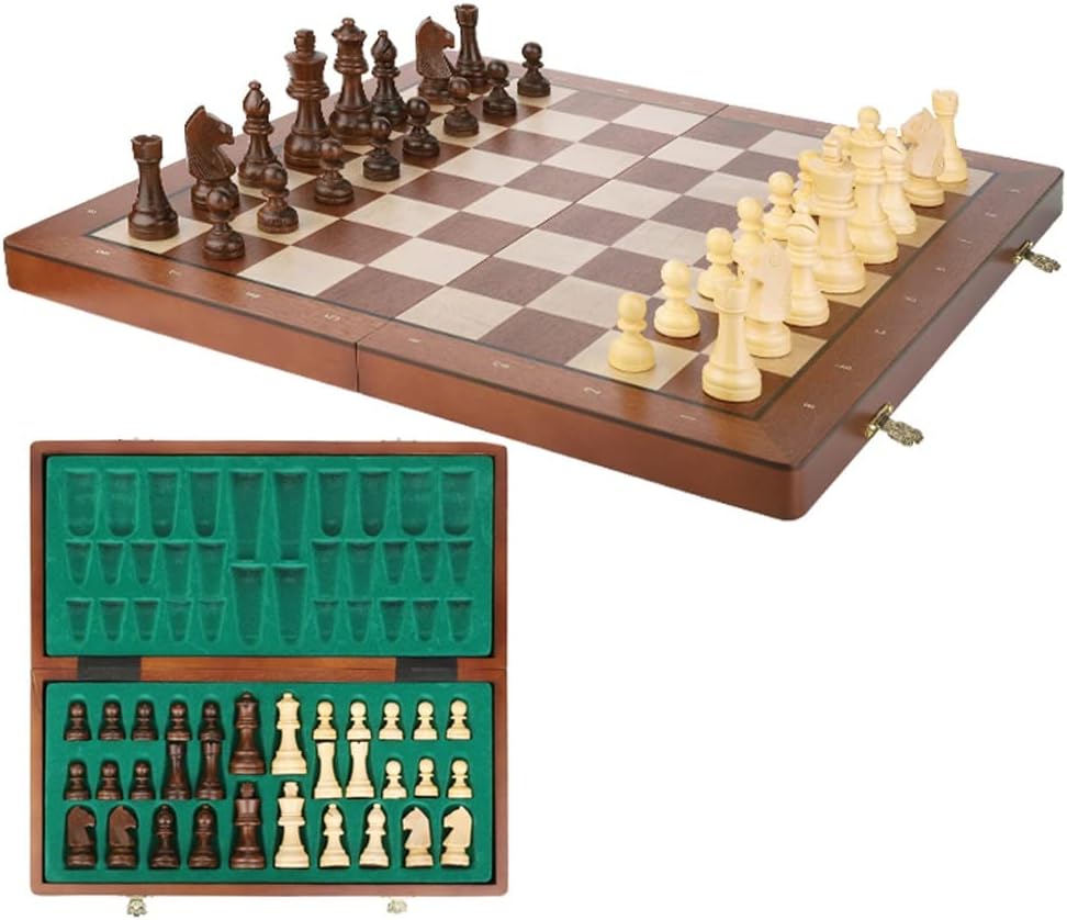 ROLTIN Juego de ajedrez magnético de madera, hecho a mano, portátil, plegable, con ranuras de almacenamiento, juego de ajedrez para principiantes