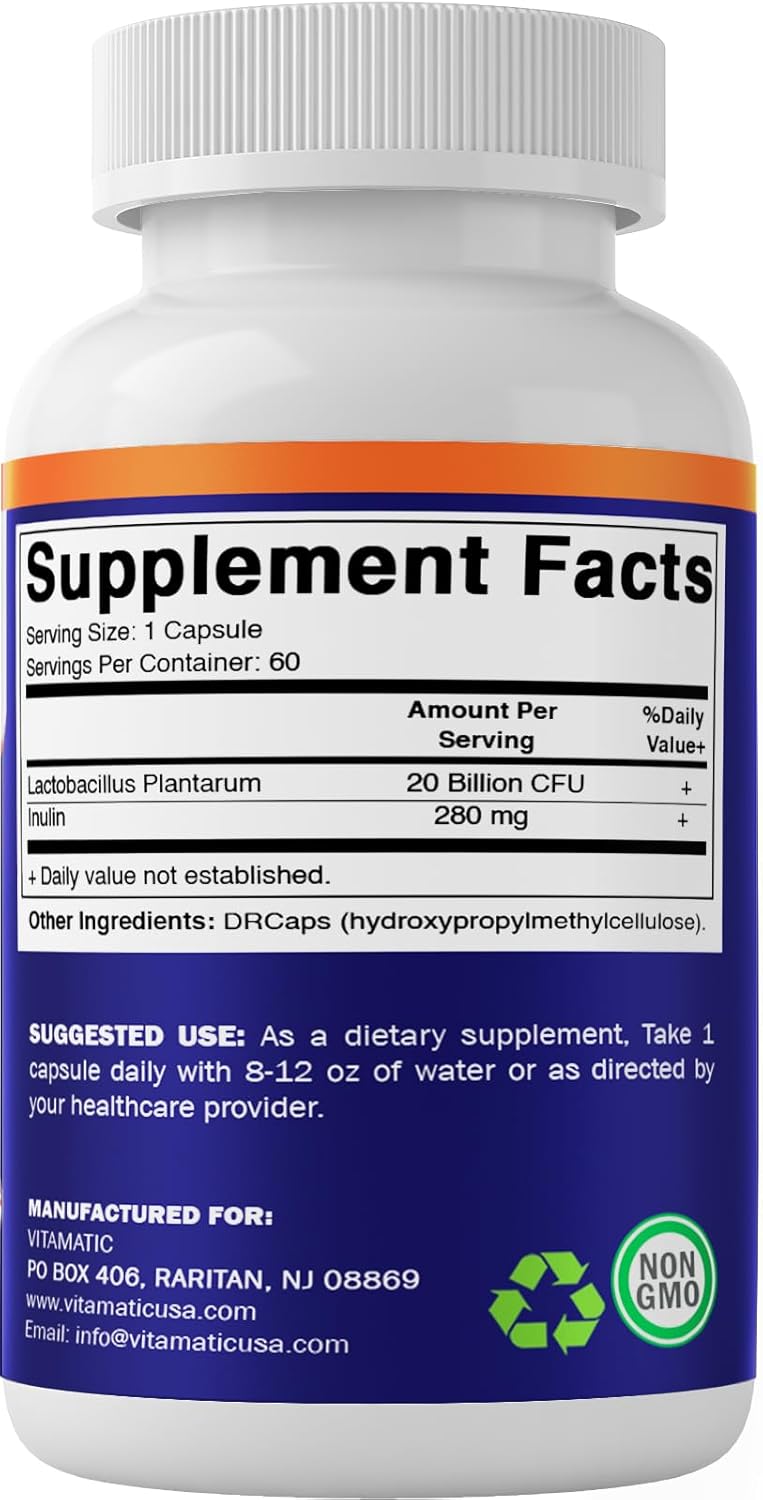 Vitamatic Lactobacillus Plantarum – 20 mil millones por cápsula DR – 60 unidades – Soporte digestivo – Fabricado con fibra prebiótica de inulina