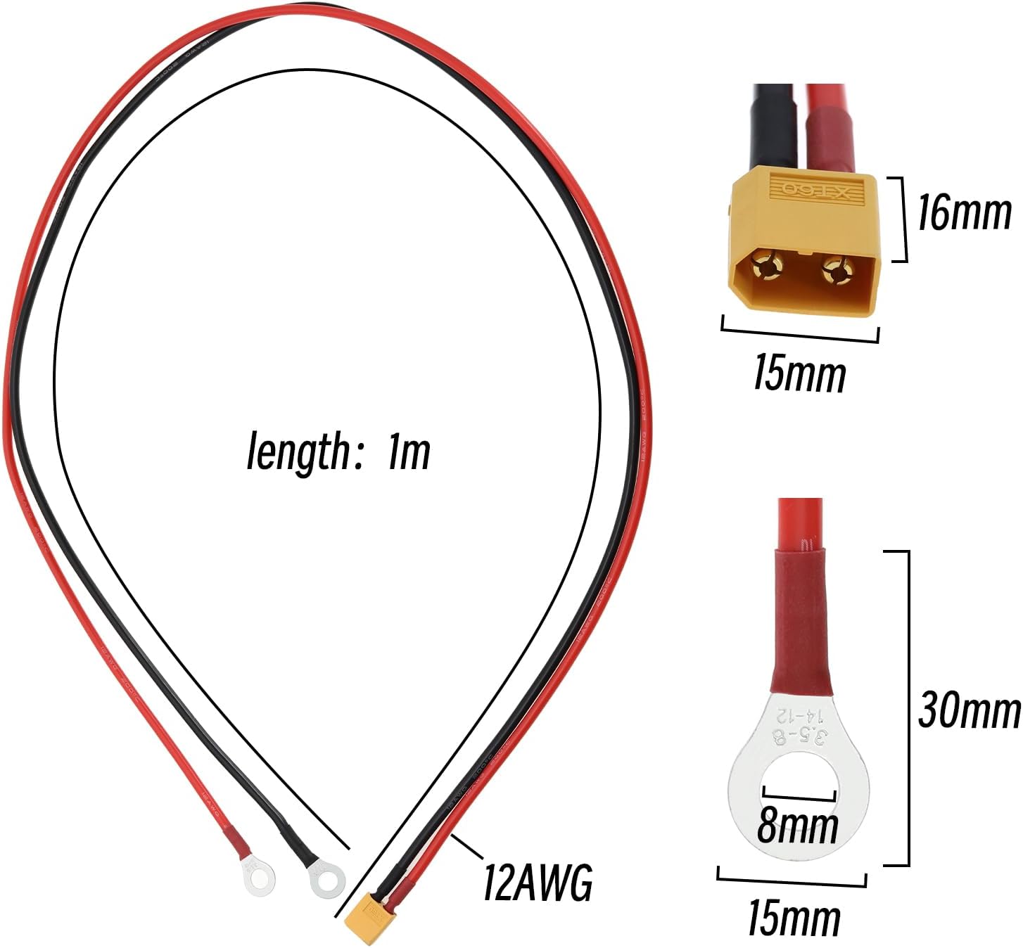 XT60 a O Ring Terminal Cable XT60 Macho a O-Ring Macho Cable XT60 a O Ring Connection Wire Accesorios para Control Remoto Aviones Coches de Juguete