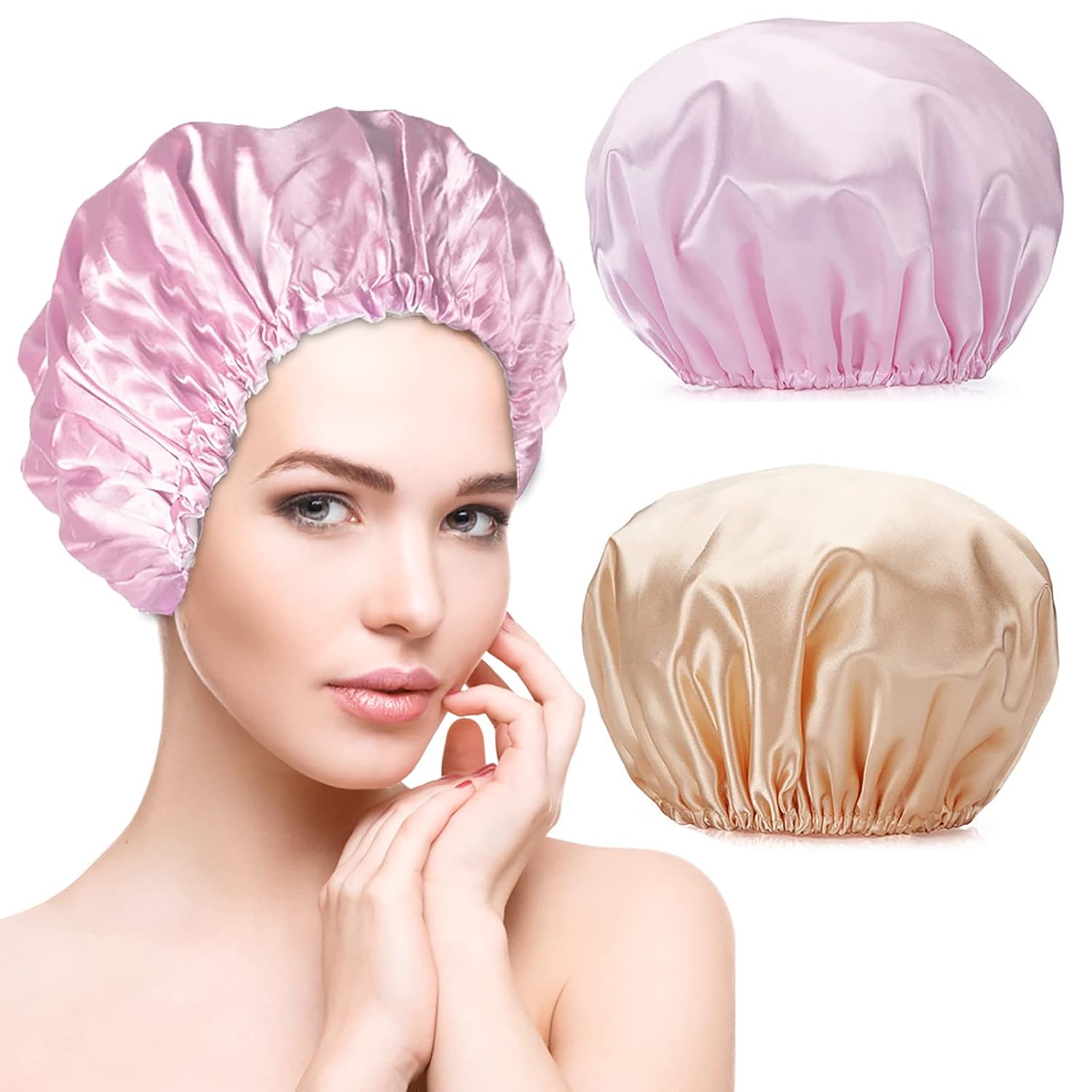 Smilco Paquete de 2 gorros de ducha grandes para mujer, 12.6 pulgadas, reutilizables, impermeables, gorras de pelo EVA, gorro de ducha de doble capa