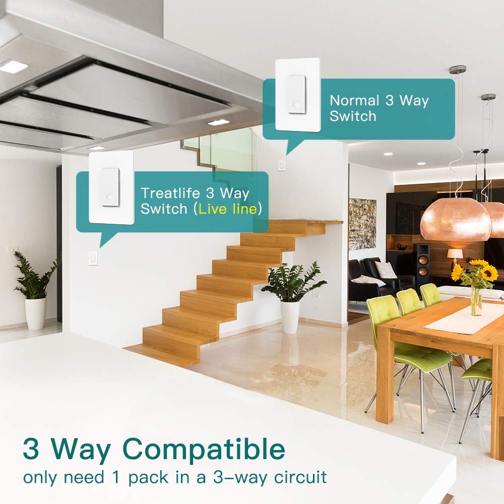 TREATLIFE Interruptor inteligente de 3 vías, interruptor de luz WiFi de 2.4 GHz, funciona con Alexa y Google Home, requiere cable neutro, control