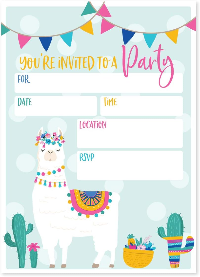 Canopy Street Invitación de fiesta de relleno de llama, 25 invitaciones y sobres de cumpleaños de fiesta de llama, invitación de alpaca plana de 5 x