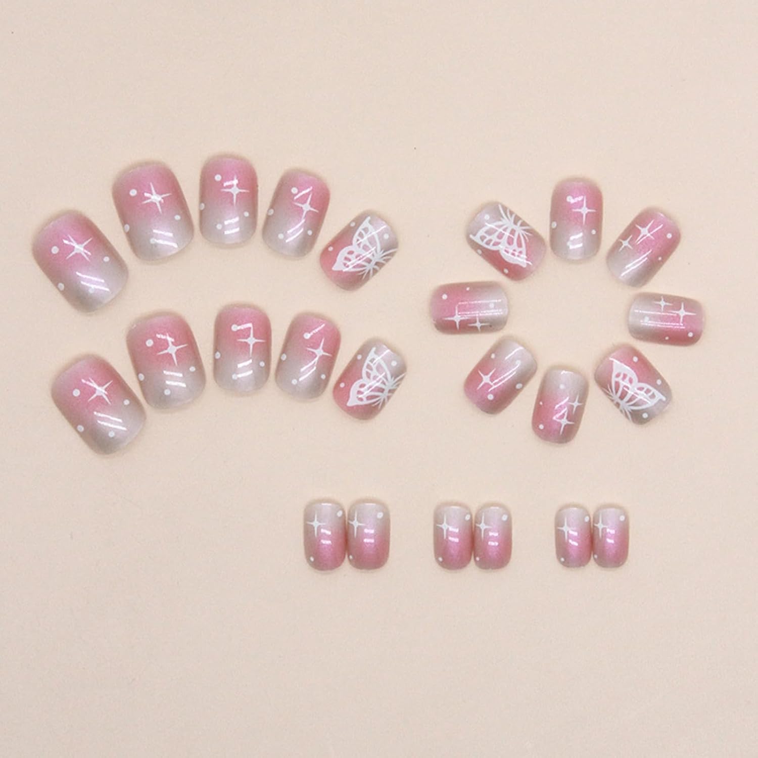 24 uñas postizas cuadradas a presión, uñas postizas cortas con diseño de estrellas y mariposas blancas aurora, diseño de puntos, uñas postizas de