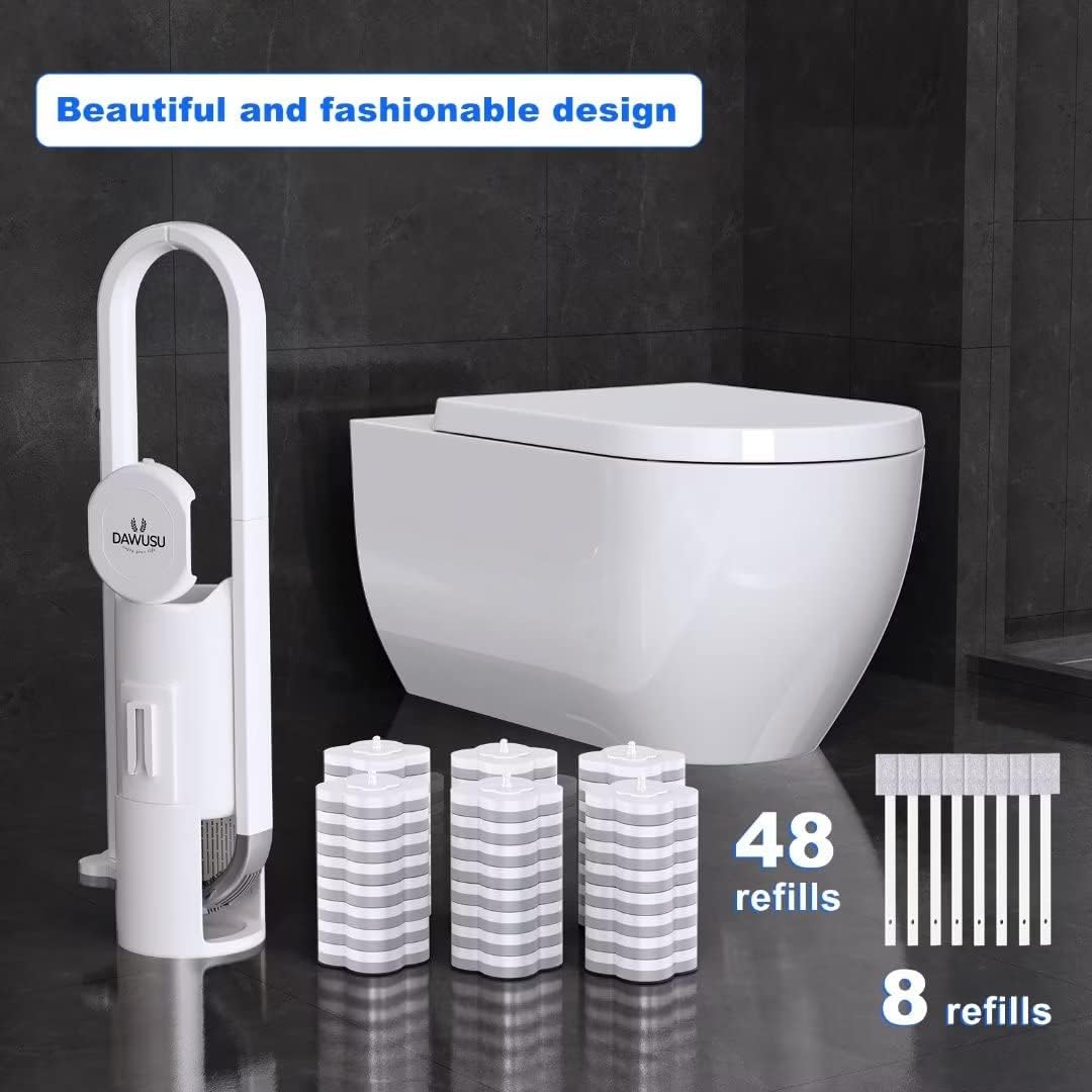 DAWUSU Juego de escobillas de inodoro con 2 cepillos diferentes. Cepillo desechable para inodoro con 48 recambios de varita, cepillo de silicona
