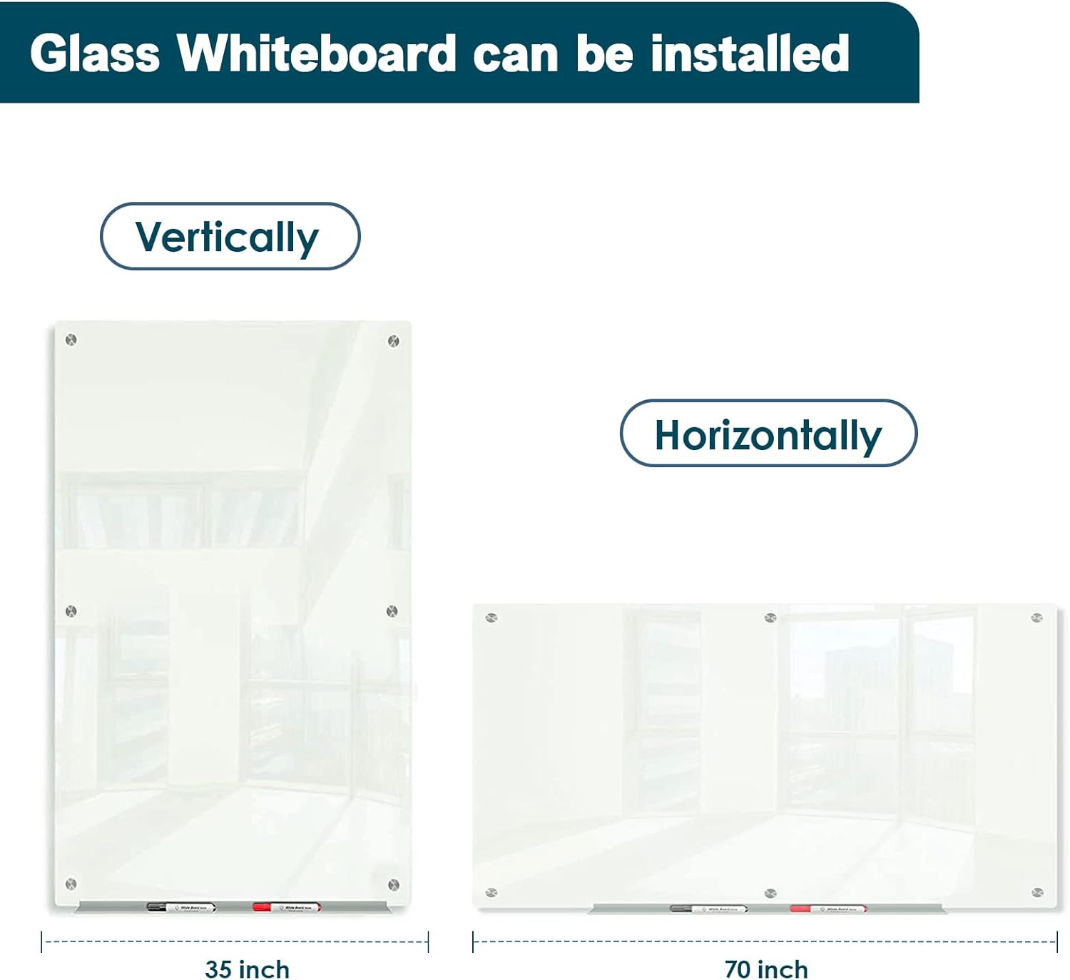 J&J worldwide Pizarra de cristal de borrado en seco de 6 x 3 pies, pizarra blanca de vidrio magnética, grandes pizarras blancas de vidrio sin marco