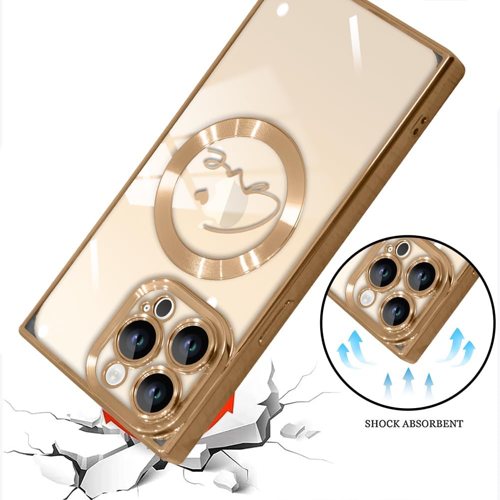 Funda magnética transparente para iPhone 15 Pro Max cuadrada (compatible con MagSafe) con patrón de corazón de amor para mujeres y hombres, borde de