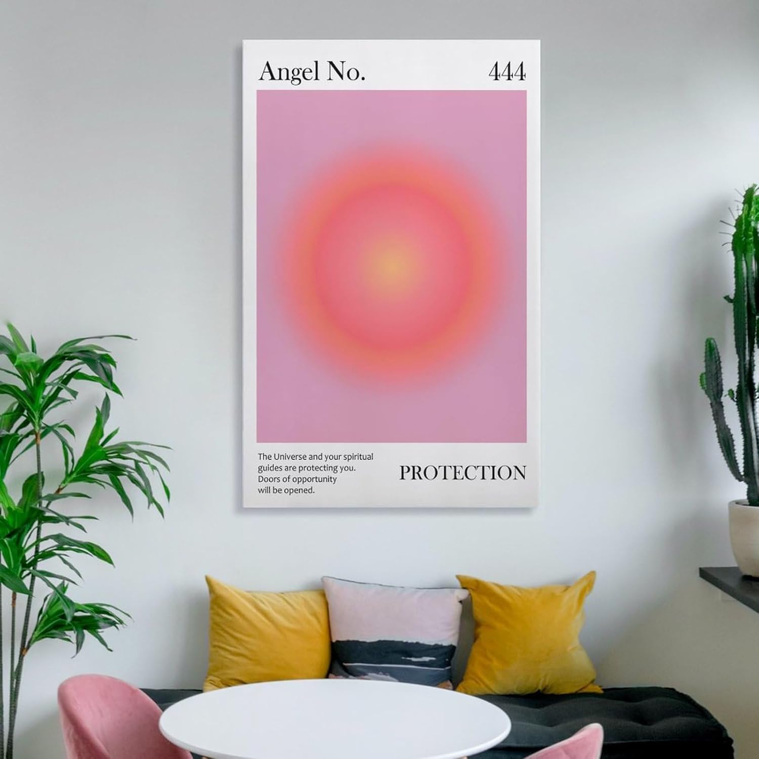 Póster de ángel con el número 444 impreso, color rosa, protección espiritual para el hogar, ley de atracción, manifiesto, póster de lienzo para
