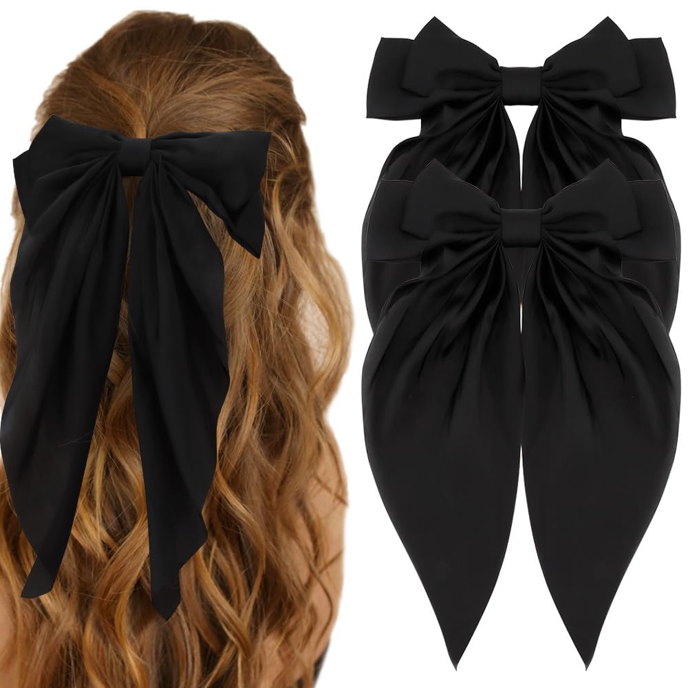 Lazo para el cabello negro, lazos grandes de satén sedoso, 2 lazos grandes para el cabello, lazos de cola larga de gran tamaño, pasadores para el