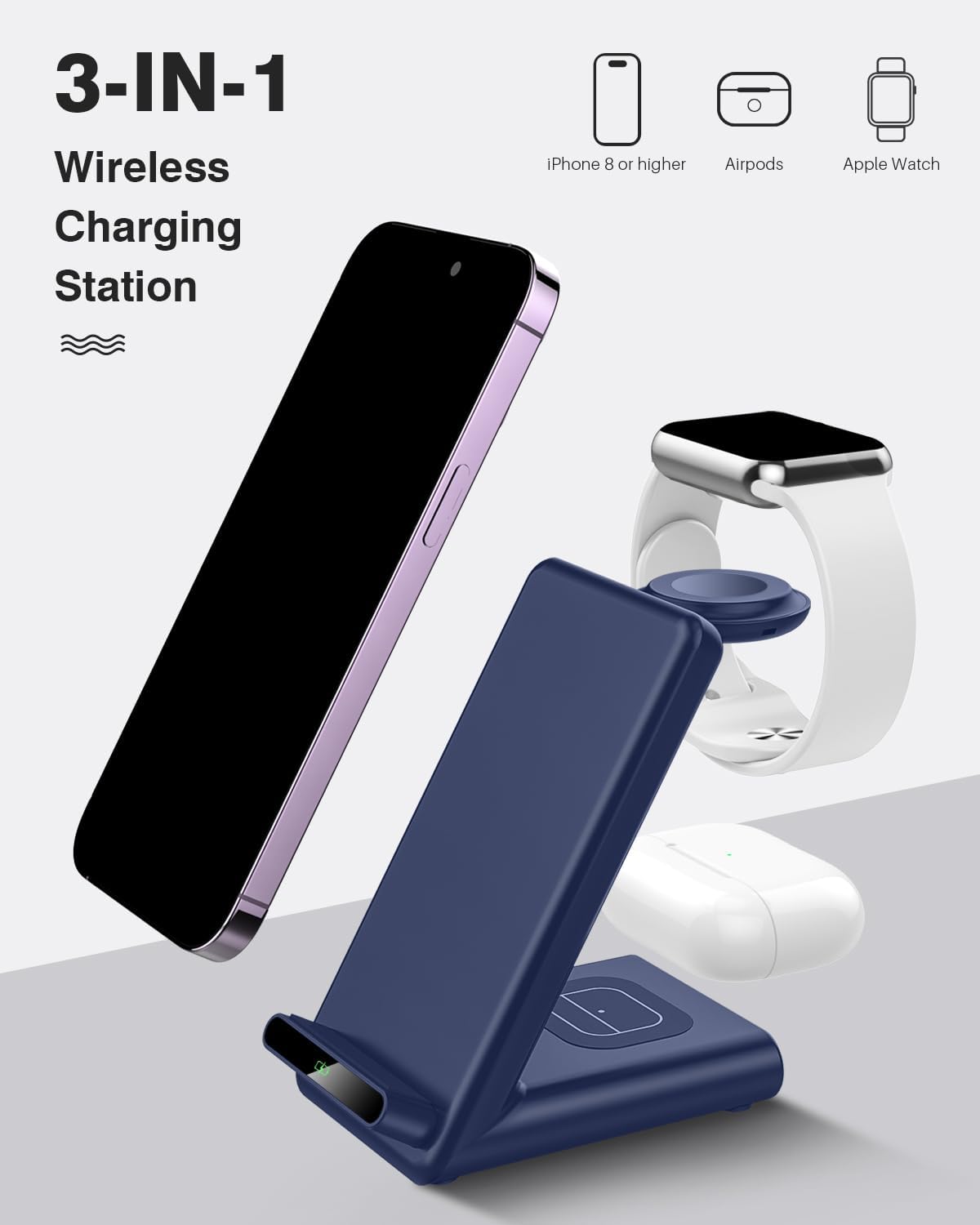 Estación de carga inalámbrica, soporte de carga inalámbrico 3 en 1 hecho para Apple Watch Ultra 9 8 7 6 SE 5 4 3, cargador inalámbrico rápido hecho