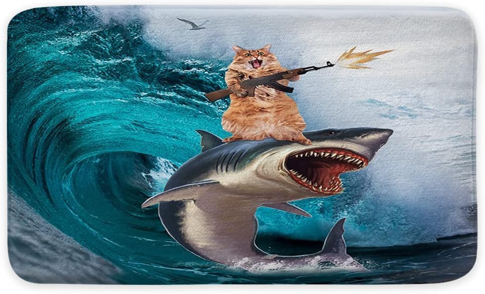 NYMB Divertida alfombra de baño con diseño de gato, genial alfombra de ducha para cocina, cocina, baño, equitación, ballena, tiburón en olas del