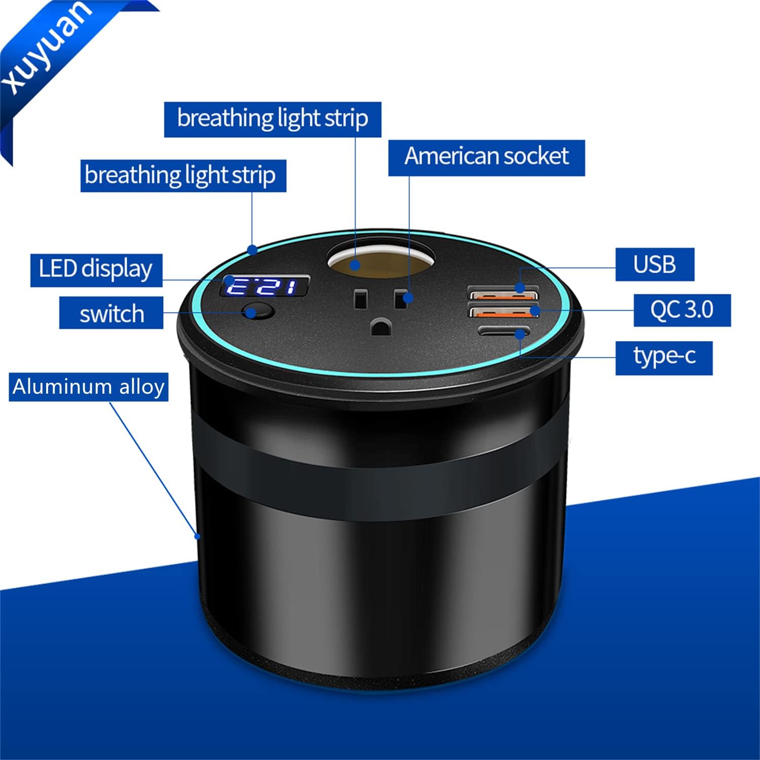 XU Yuan – Inversor de corriente de 150 WPP300 W para vehículos (negro) Diseño de portavasos DC12V a 110V CA  Mini inversor de automóvil con doble