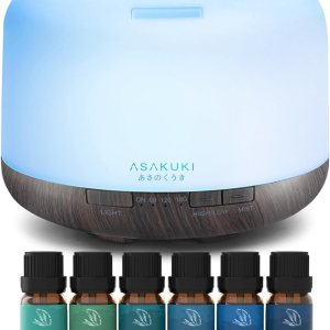 ASAKUKI Difusor de aceite esencial de 16.9 fl oz (negro) con mezclas de aceites esenciales Set 6 botellas ASAKUKI Difusor de aceite esencial de 16.9 fl oz (negro) con mezclas de aceites esenciales Set 6 botellas