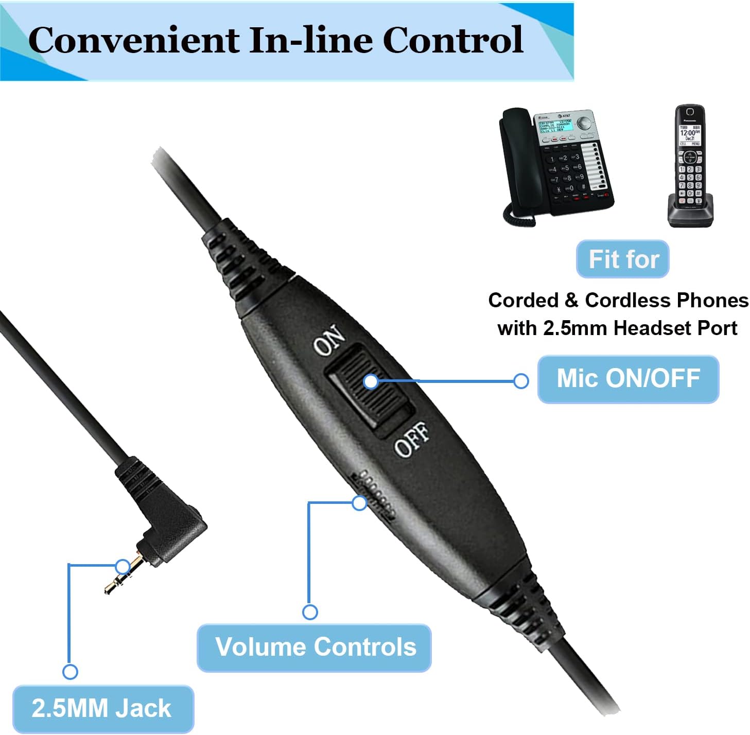 Call Center – Auriculares de teléfono de 0.098 in con micrófono con cancelación de ruido, teléfono fijo con control de volumen para AT&T ML17929