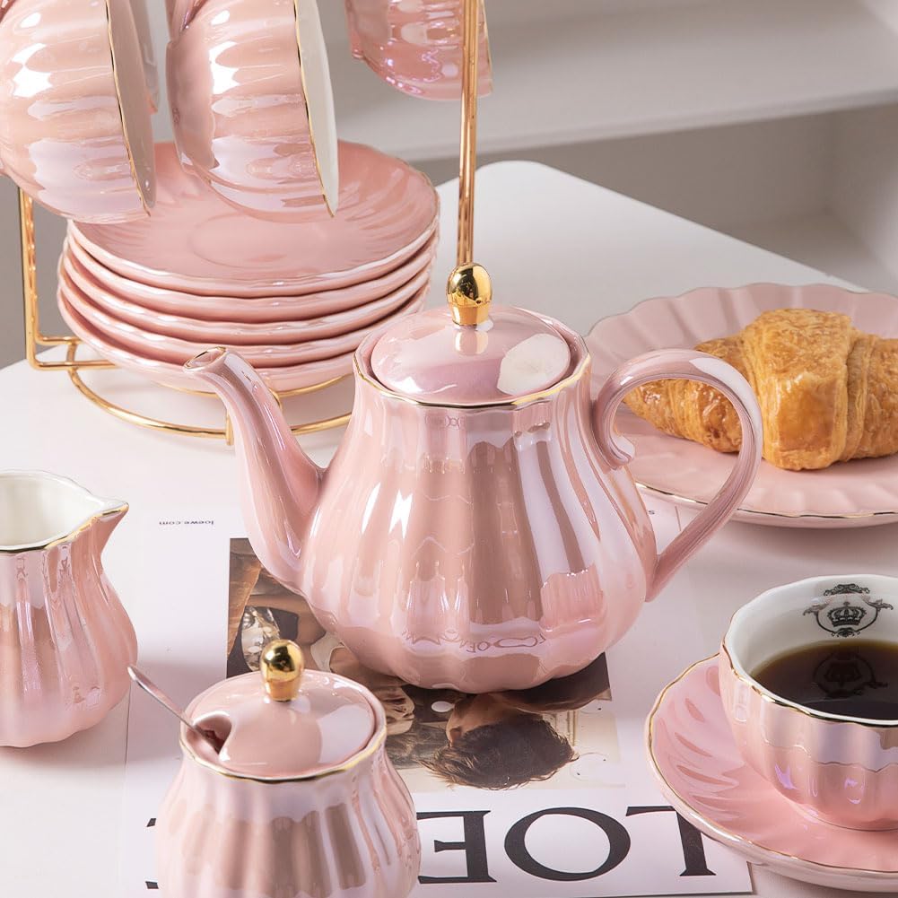 Juegos de té de porcelana de la serie British Royal, tazas y platillo de 8 onzas para 6, con tetera, azucarero, jarra de crema, cucharaditas y