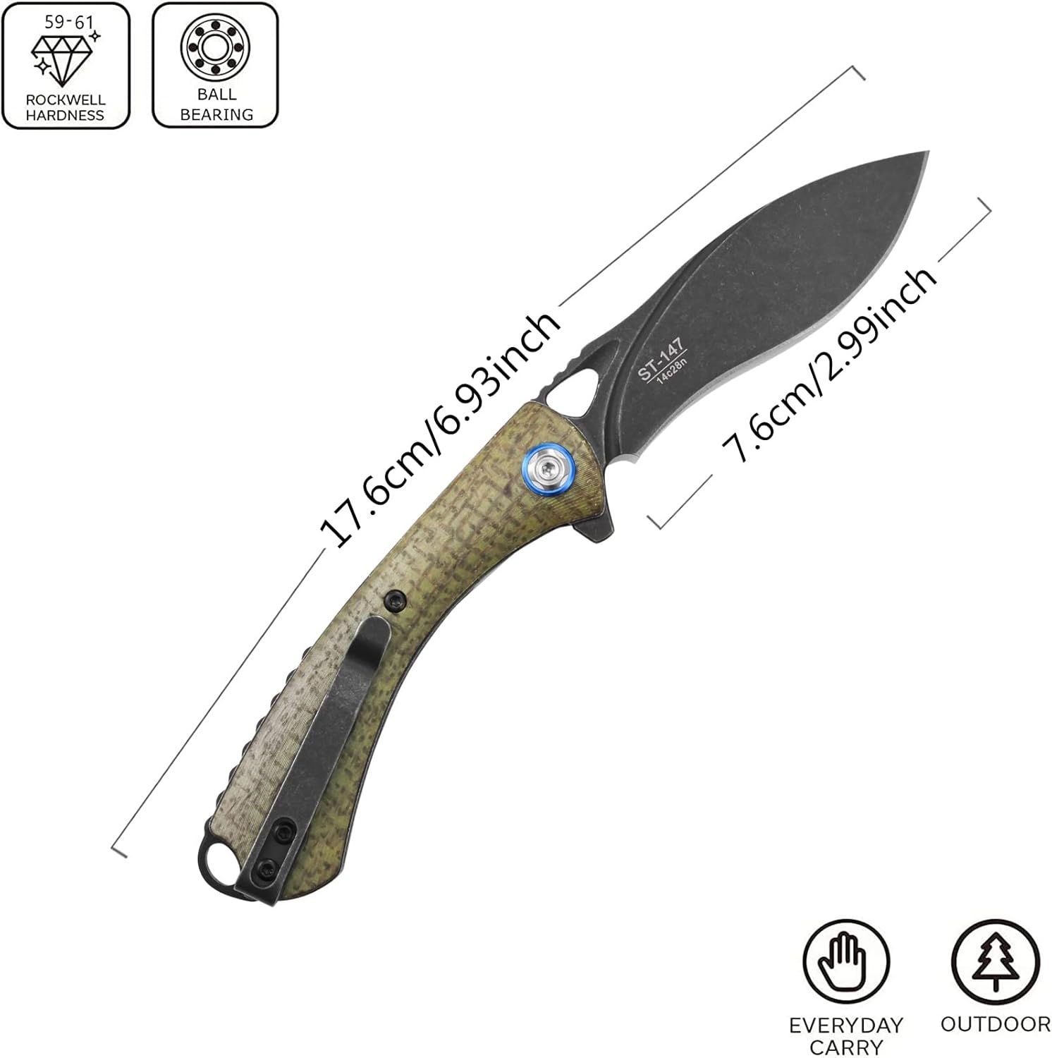 Sitivien ST147 – Cuchillo de bolsillo plegable, hoja de acero 14C28N lavada a la piedra negra con mango de micarta, cuchillo de herramienta EDC para