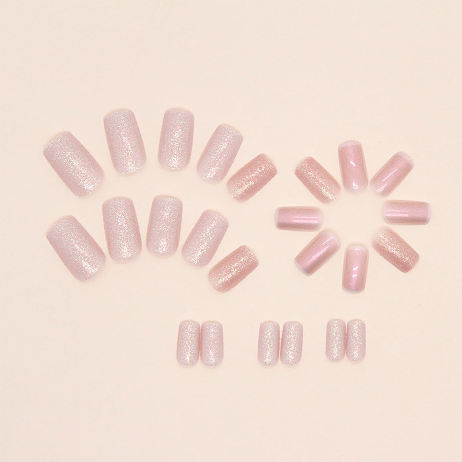 Uñas postizas cuadradas a presión, uñas postizas cortas con purpurina rosa con diseños de aurora, uñas acrílicas de cobertura completa, uñas