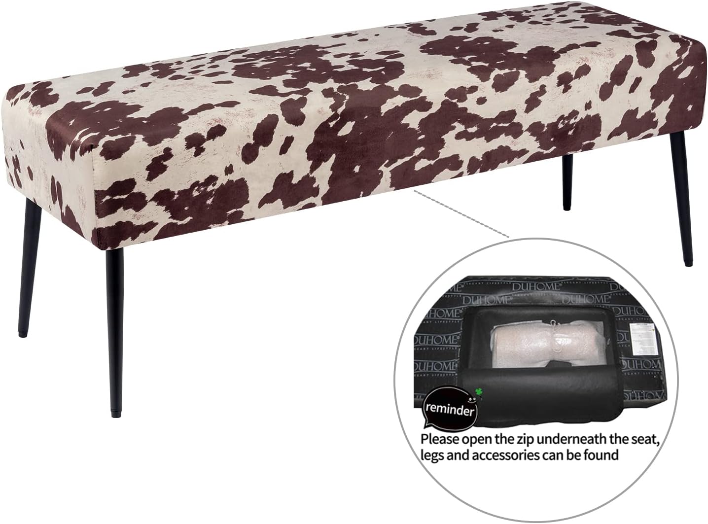 Duhome – Banco otomano de terciopelo, bancos tapizados para dormitorio, banco de cama con estampado de vaca, base de metal negro para entrada,