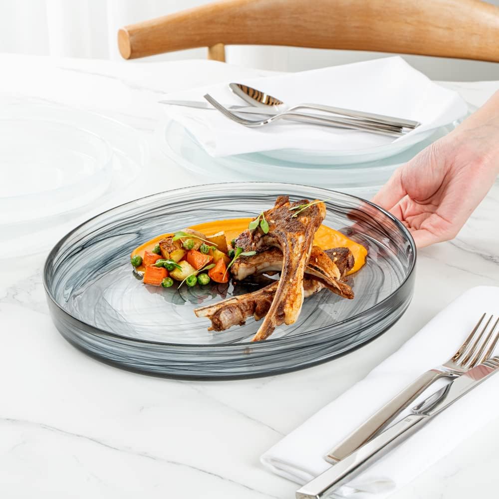 Restaurantware Vetri – Platos de vidrio de 11 x 11 x 1.2 pulgadas, 6 platos únicos y duraderos  Vajilla de alabastro de vidrio negro lavable con