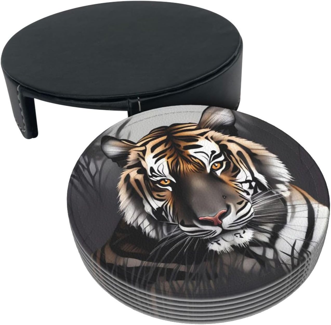 Juego de 6 posavasos de cuero con soporte, diseño de tigre en reposo, para bebidas, con aislamiento, posavasos redondos para decoración de mesa