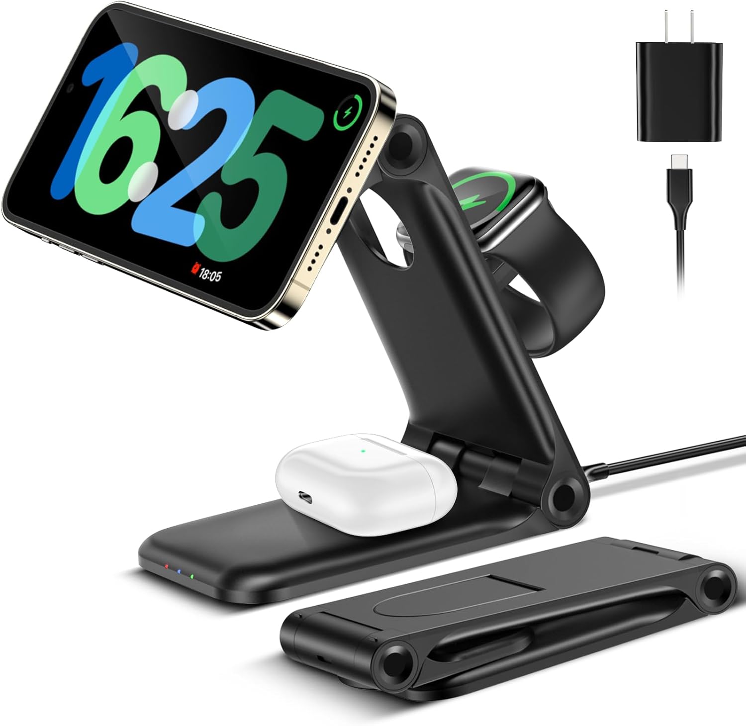 Estación de carga plegable 3 en 1 para dispositivos Apple, estación de carga inalámbrica magnética, soporte de cargador de teléfono y reloj para