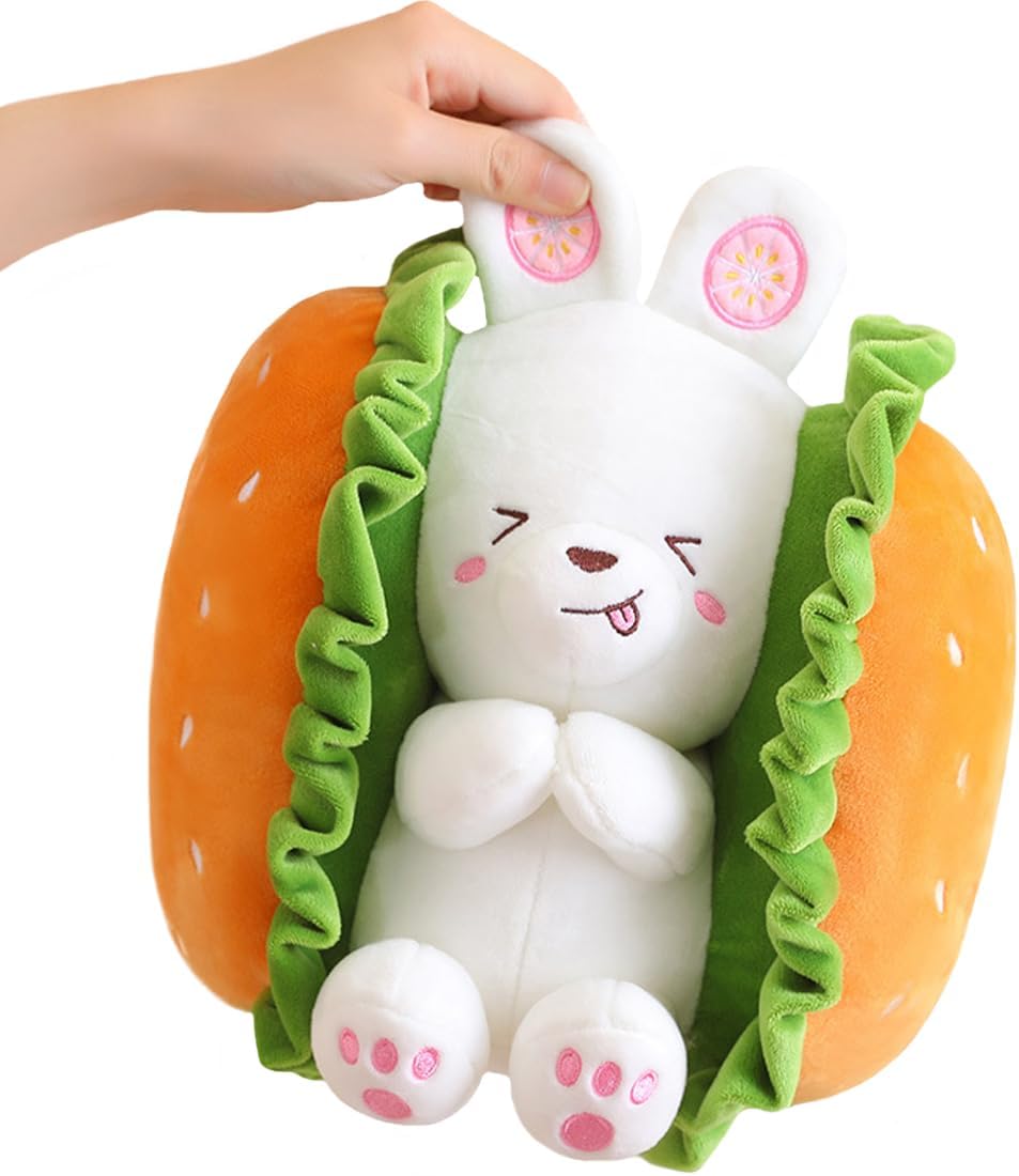 ELAINREN Juguete de peluche de conejo de hamburguesa, linda almohada de peluche de conejito de comida suave, muñeca de peluche de conejo blanco,