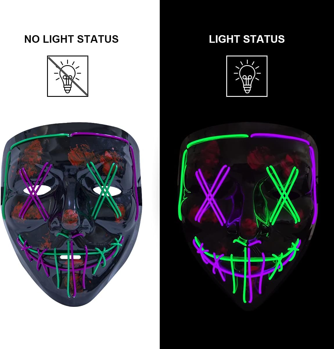 Máscara de la Purga de Halloween, máscara de luz LED para fiesta de festival de Halloween, máscara de 2 colores con 3 modos de luz
