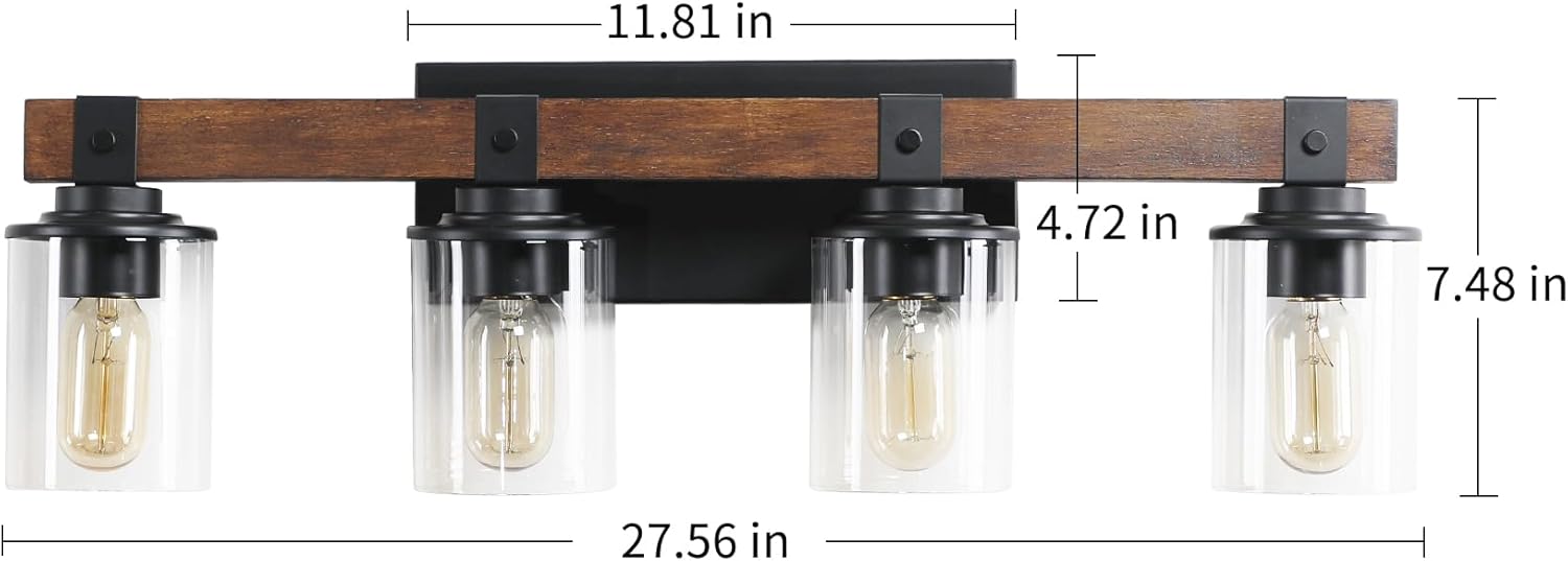 DIKAIDA DAKAIDA – Luces de tocador de baño de 4 luces, luces de tocador de madera para baño, con pantalla de vidrio transparente, apliques de metal