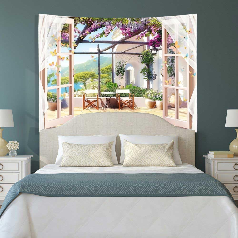 Ine Ive Tapiz de jardín de balcón con vistas al mar y montaña, tapiz de ventana de escena de 40 x 30 pulgadas, tapiz de pared de paisaje natural