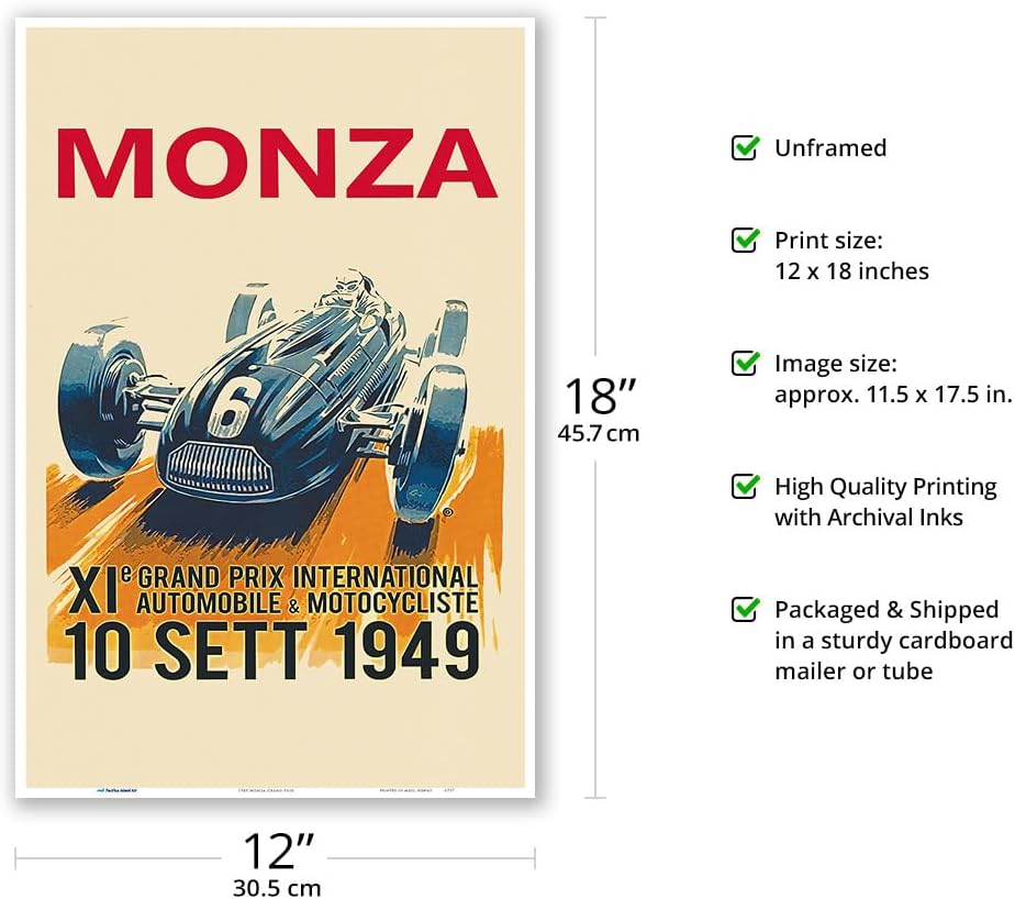 1949 Monza Grand Prix – Póster de carreras de coches vintage, impresión maestra (sin marco) 12 x 18 pulgadas