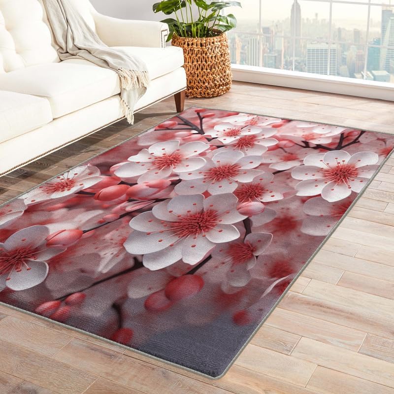 Alfombras lavables para sala de estar, dormitorio, alfombra en flor de cerezo y decoración del hogar, alfombra de área rosa Sakura de 5 x 8 pies,