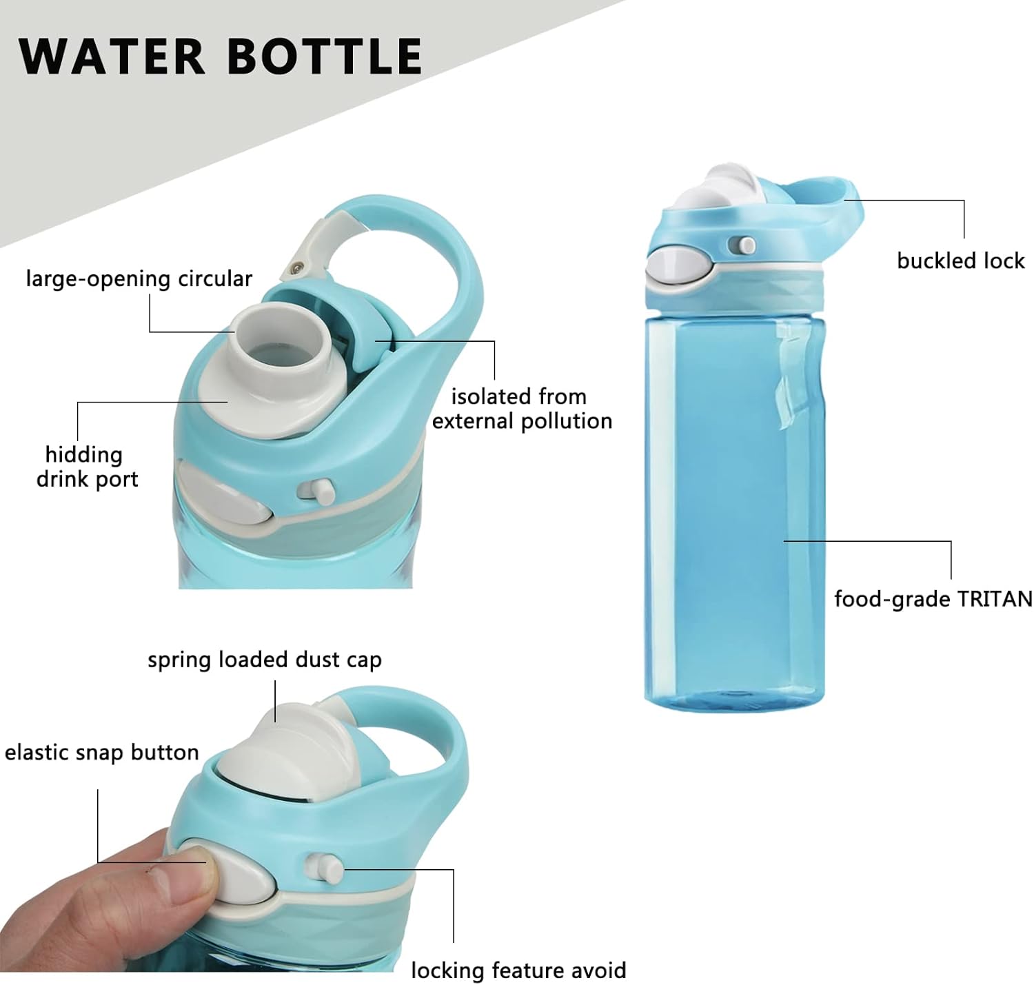 DEARART Paquete de 2 botellas de agua azul de 16 onzas y botella de agua azul cielo sin sorbete de boca ancha, sin BPA, tiene asa, pequeñas botellas