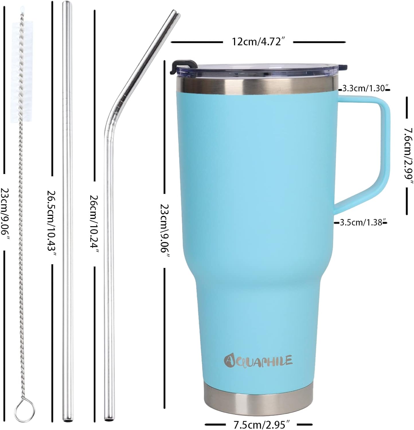 AQUAPHILE Vaso de 40 onzas con asa, vaso de acero inoxidable al vacío con tapa y popotes, botella de agua aislada reutilizable que cabe en el