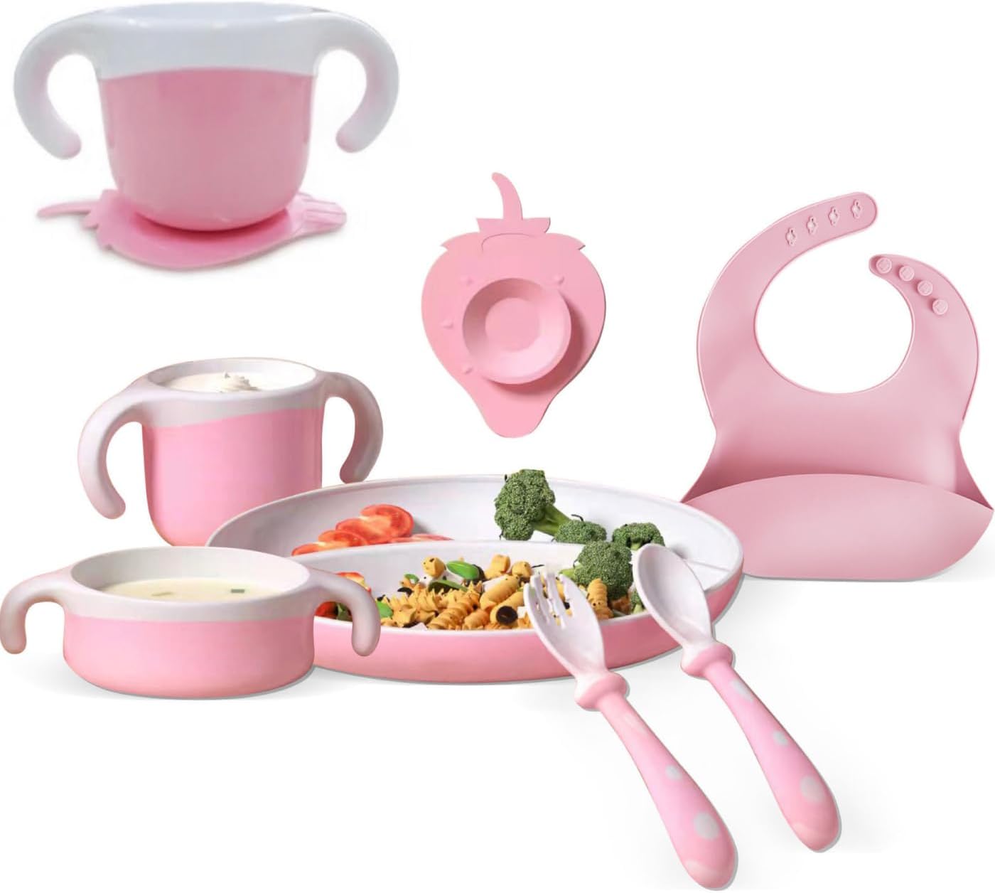 Juego de 7 piezas de alimentación para bebés  El juego de utensilios de destete LED para bebés incluye cuenco de succión y plato, cuchara y tenedor