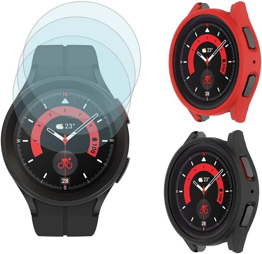 Protector de pantalla (3+2 unidades) compatible con Samsung Galaxy Watch 5 Pro de 1.772 pulgadas, película de vidrio templado antiarañazos,