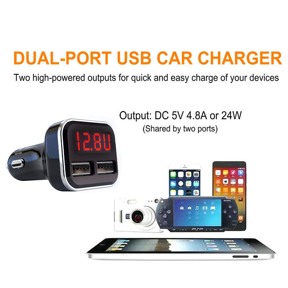 Aliavation – Cargador USB para encendedor de cigarrillos con pantalla de voltaje, cargador de coche dual USB de 24 W, medidor de voltaje, monitor de