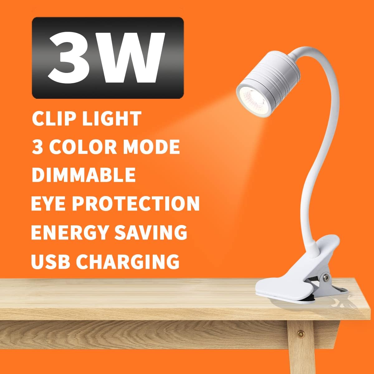 EAGLOD Luz LED de 3 brillos con abrazadera, lámpara LED portátil de clip, clip USB en la lámpara de escritorio, luz de lectura nocturna de cuello de