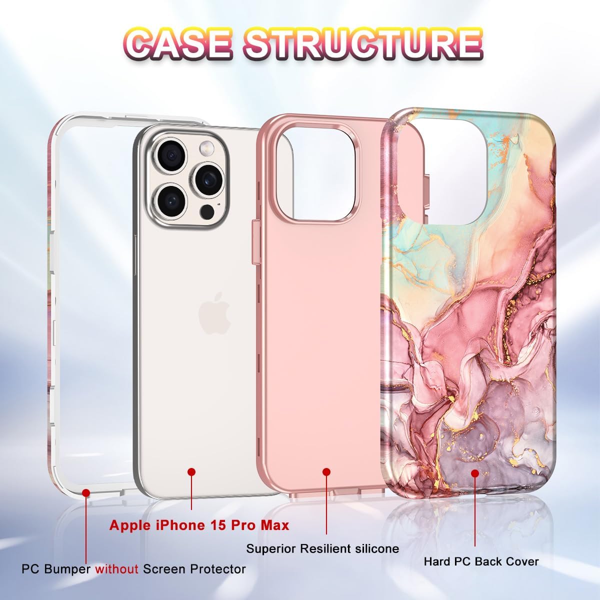 Btscase Funda para iPhone 15 Pro Max de 6.7 pulgadas (2023), patrón de mármol 3 en 1 resistente cuerpo completo a prueba de golpes PC duro +